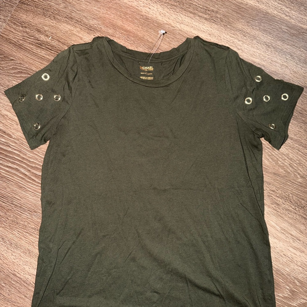 Michael Kors Olive Green Short Sleeve Scoop Neck Top with Eyelet Detail